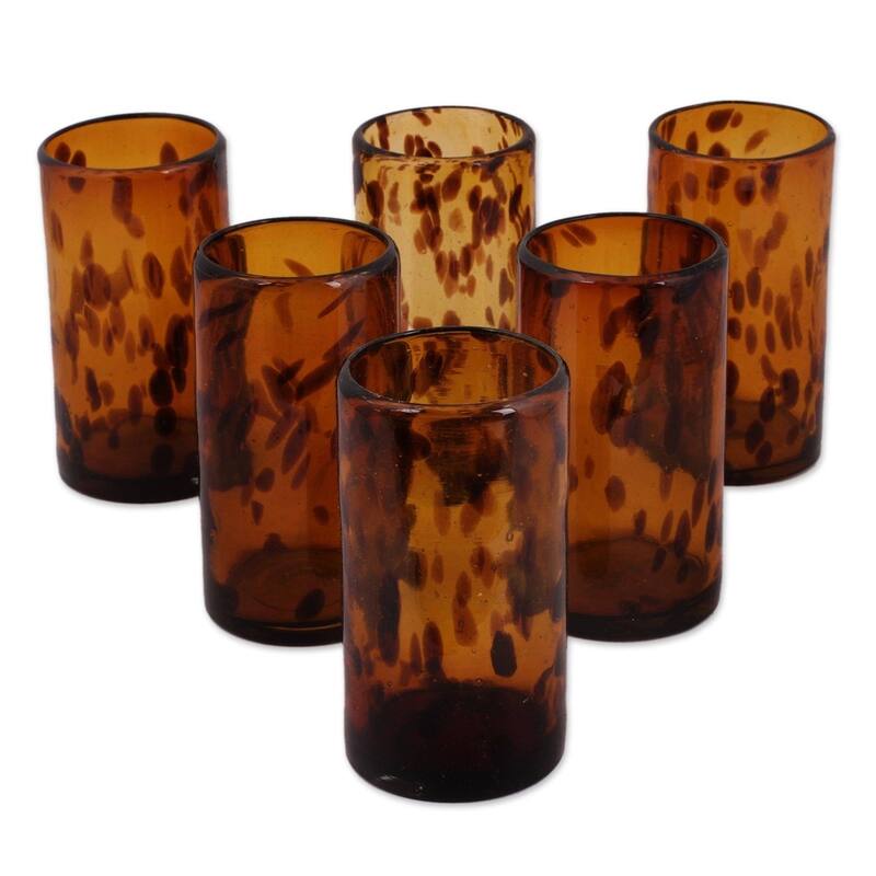 NOVICA Artisan Handblown Recycled Tumblers Mexican Water Glasses Brown Tableware 'Tall Tortoise Shell'(Set Of 6) - 6*3.2