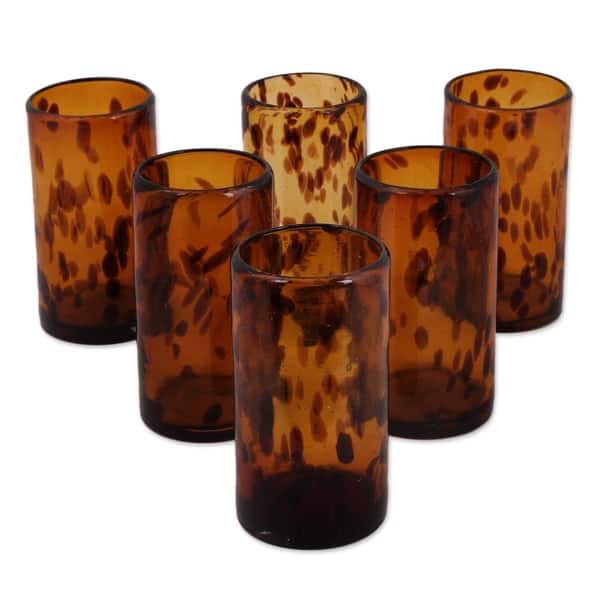 Brown Handblown Recycled Glass Carafe and Cup Set (Pair), 'Hypnotic Brown