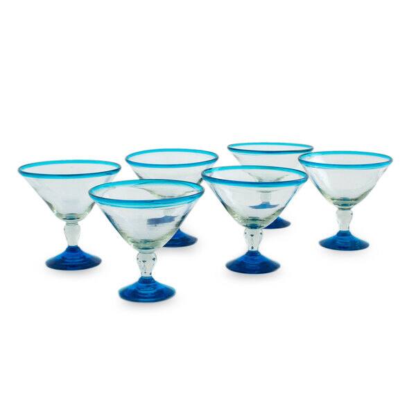 Handmade Set Of 6 Blown Glass Martini Azure Joy Glasses Mexico Bed Bath And Beyond 9758118