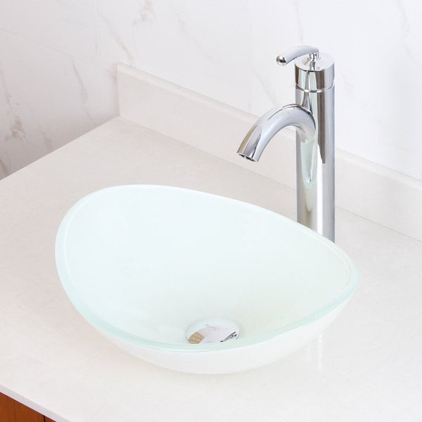 ... 1420/ 882002 Tempered Glass White Oval Bathroom Vessel Sink and Faucet