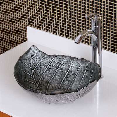 Elite Winter 882002 Tempered Glass Leaf Design Bathroom Vessel Sink and Faucet