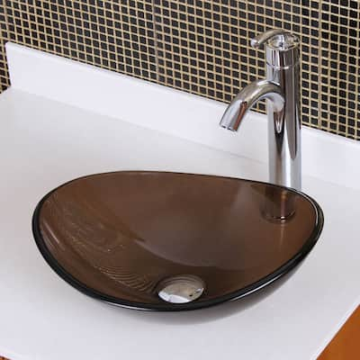 Elite 1417+882002 Unique Oval Transparent Brown Tempered Glass Bathroom Vessel Sink with Faucet