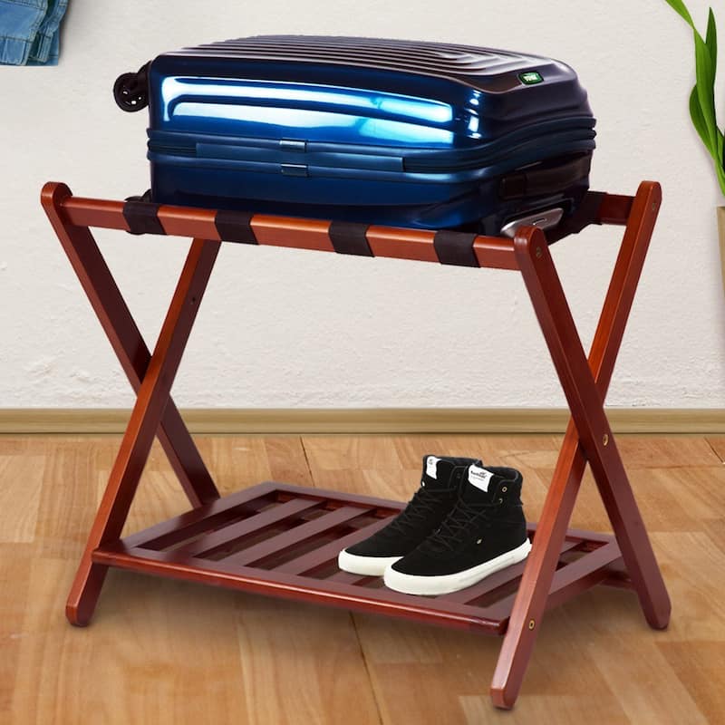 Hotel-style Luggage Rack with Shelf - Walnut