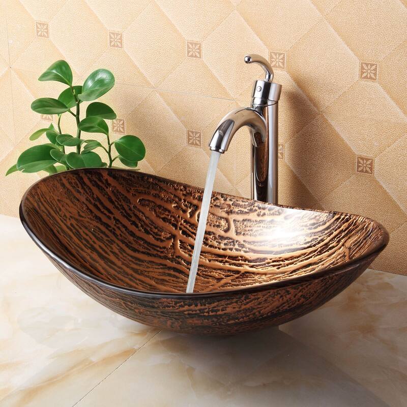 Elite Unique Oval Bathroom Tempered Boat Shape Glass Vessel Sink with Faucet Combo - Chrome Finish Faucet+Sink
