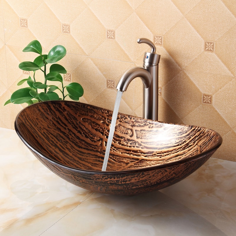 Elite Unique Oval Bathroom Tempered Boat Shape Glass Vessel Sink with Faucet Combo - Brushed Nickel Finish Faucet+Sink