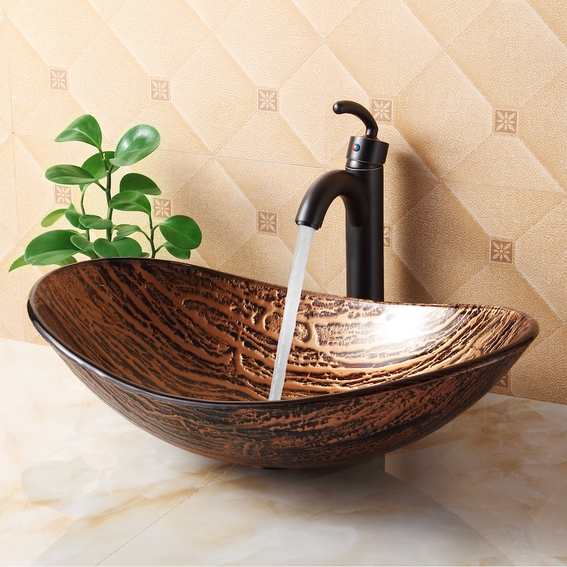 Elite Unique Oval Bathroom Tempered Boat Shape Glass Vessel Sink with Faucet Combo - Oil Rubbed Bronze Finish Faucet+Sink