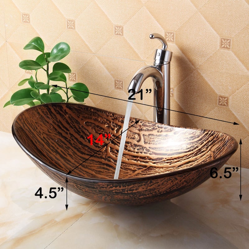 Elite Unique Oval Bathroom Tempered Boat Shape Glass Vessel Sink with Faucet Combo
