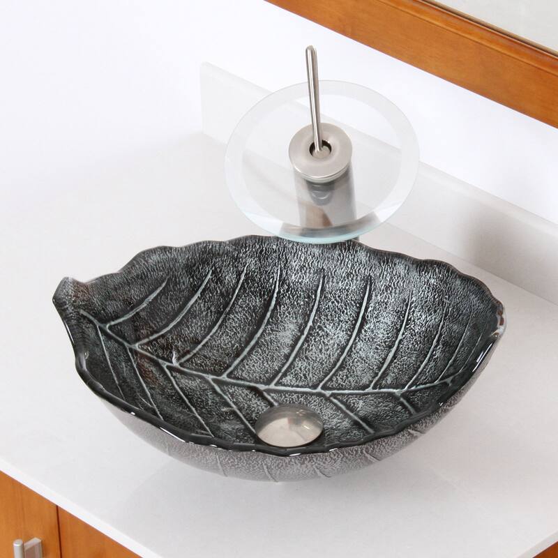 Elite Tempered Winter Leaf Design Bathroom Glass Vessel Sink & Brushed Nickel Waterfall Faucet