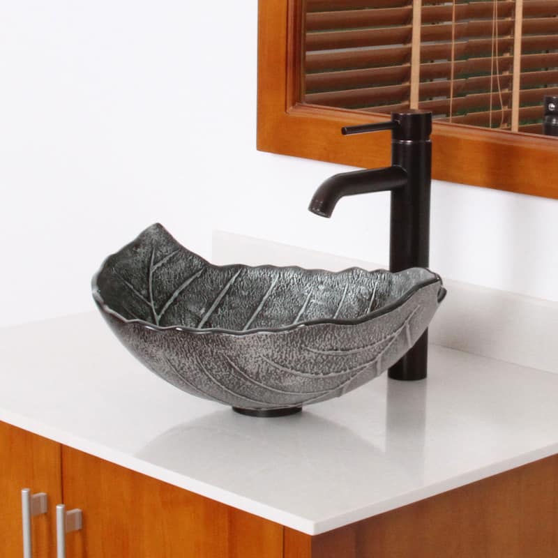 Elite Winter/ F371023 Tempered Glass Leaf Design Bathroom Vessel Sink/ Faucet