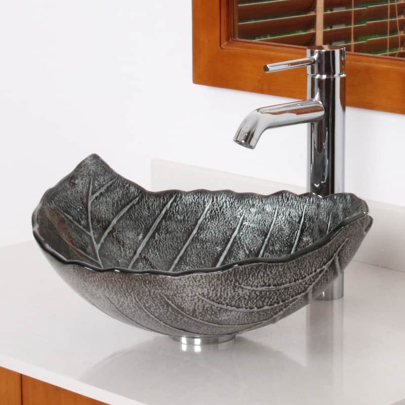 Elite Winter/ F371023 Tempered Glass Leaf Design Bathroom Vessel Sink/ Faucet