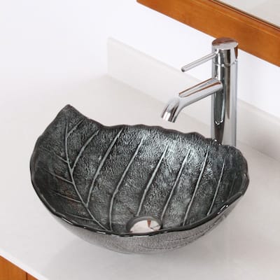 Elite Winter/ F371023 Tempered Glass Leaf Design Bathroom Vessel Sink/ Faucet