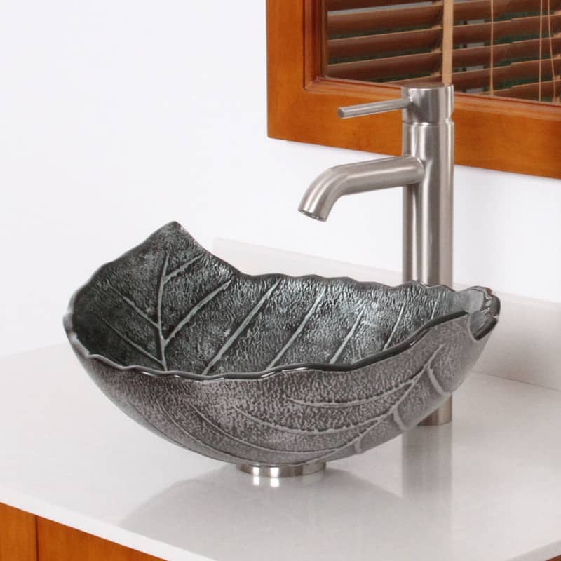 Elite Winter/ F371023 Tempered Glass Leaf Design Bathroom Vessel Sink/ Faucet