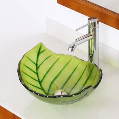Elite Spring+F371023 Leaves Design Tempered Glass Bathroom Vessel Sink with Faucet Combo