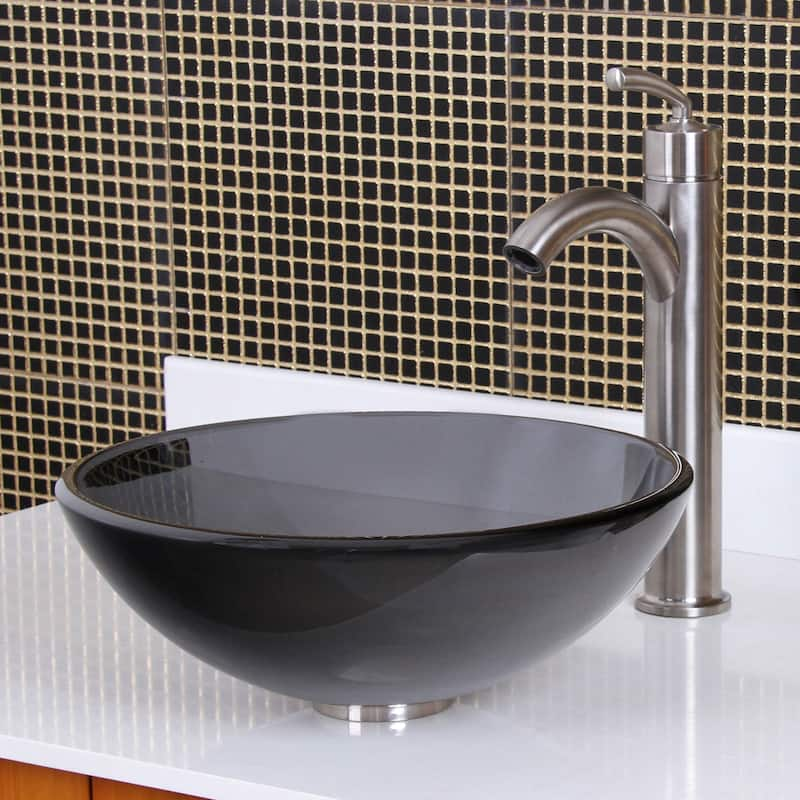 Elite Transparent Tinted Black Tempered Glass Bathroom Vessel Sink and Faucet Combo