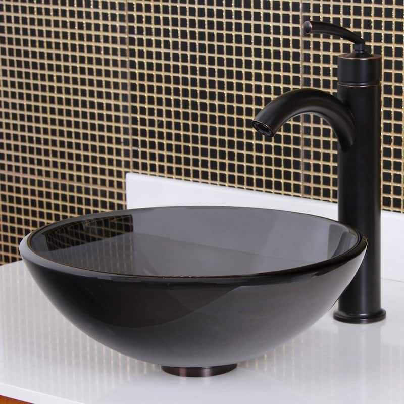 Elite Transparent Tinted Black Tempered Glass Bathroom Vessel Sink and Faucet Combo