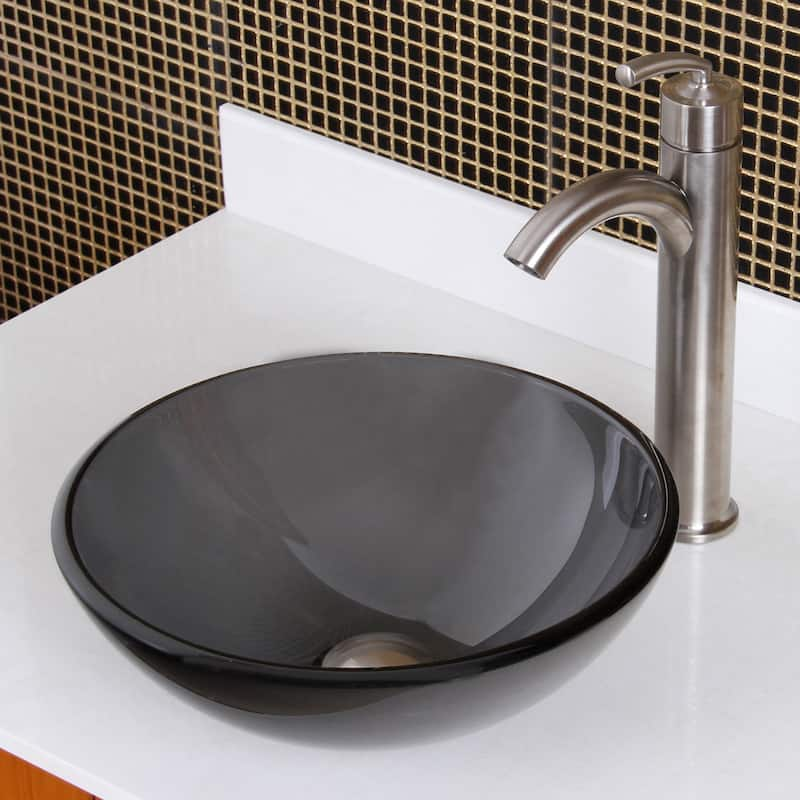 Elite Transparent Tinted Black Tempered Glass Bathroom Vessel Sink and Faucet Combo