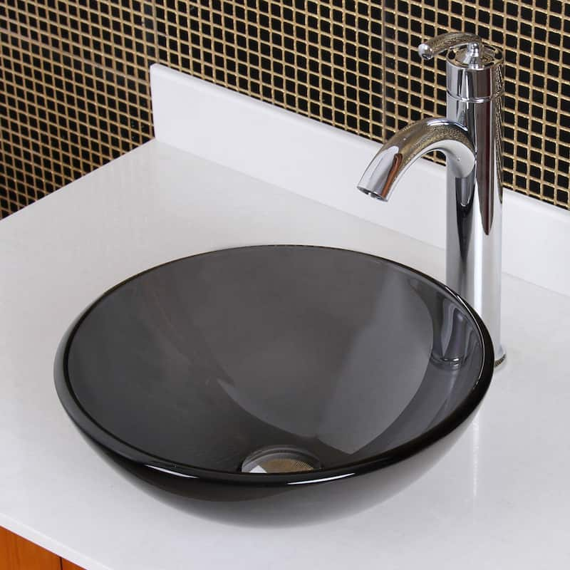 Elite Transparent Tinted Black Tempered Glass Bathroom Vessel Sink and Faucet Combo