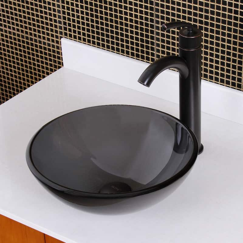 Elite Transparent Tinted Black Tempered Glass Bathroom Vessel Sink and Faucet Combo