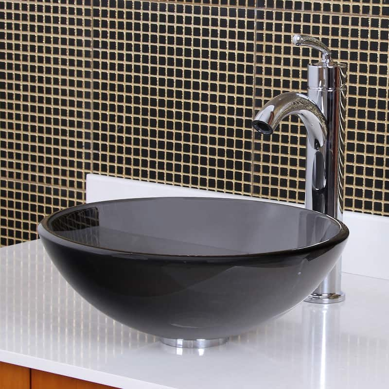 Elite Transparent Tinted Black Tempered Glass Bathroom Vessel Sink and Faucet Combo