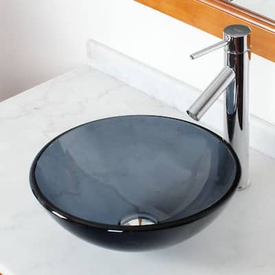 Elite Transparent Tinted Black Tempered Glass Bathroom Vessel Sink with Faucet Combo
