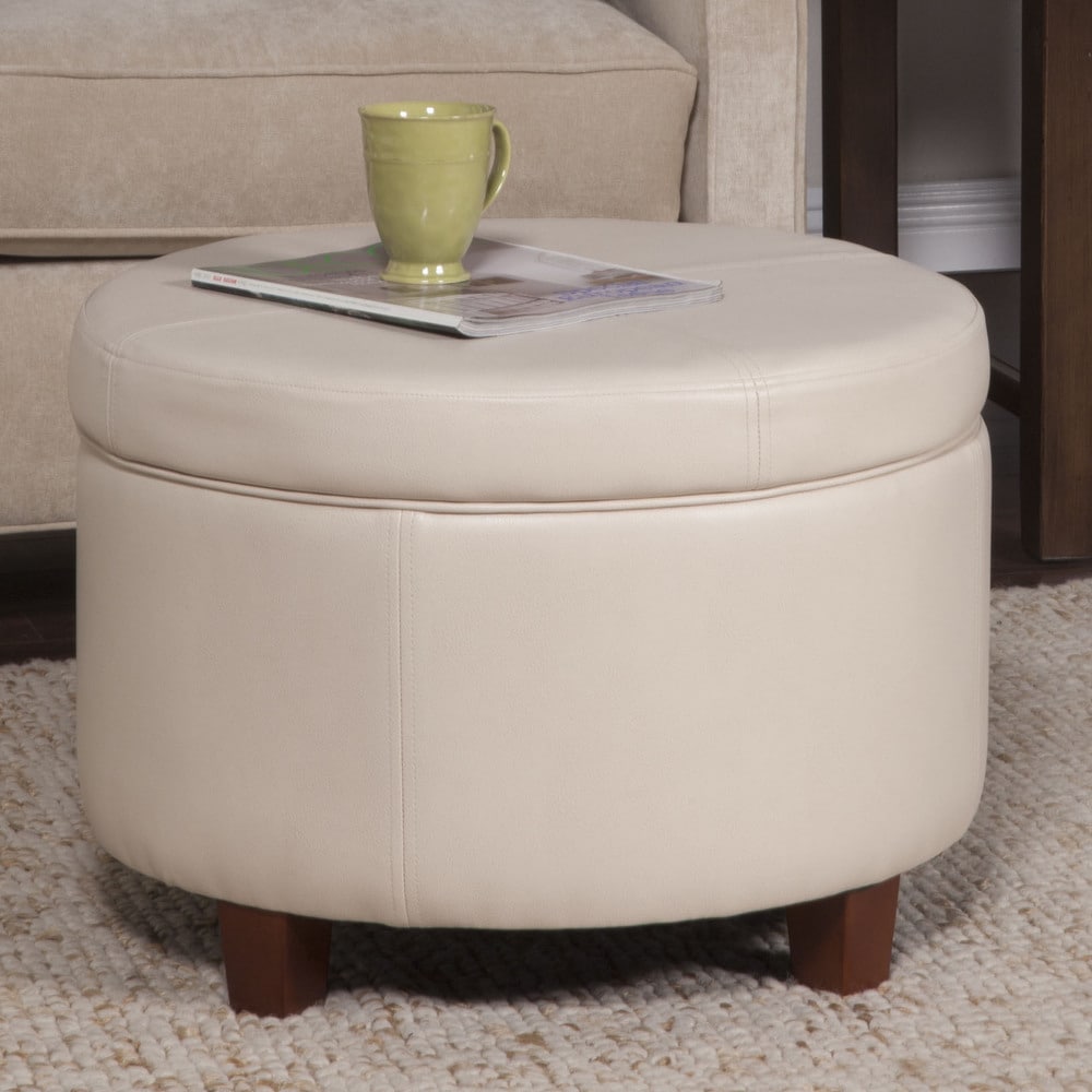 Porch & Den Rockwell Large Ivory Faux Leather Round Storage Ottoman