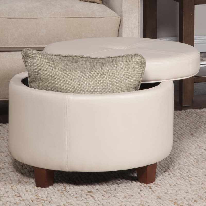 Porch & Den Rockwell Large Ivory Faux Leather Round Storage Ottoman