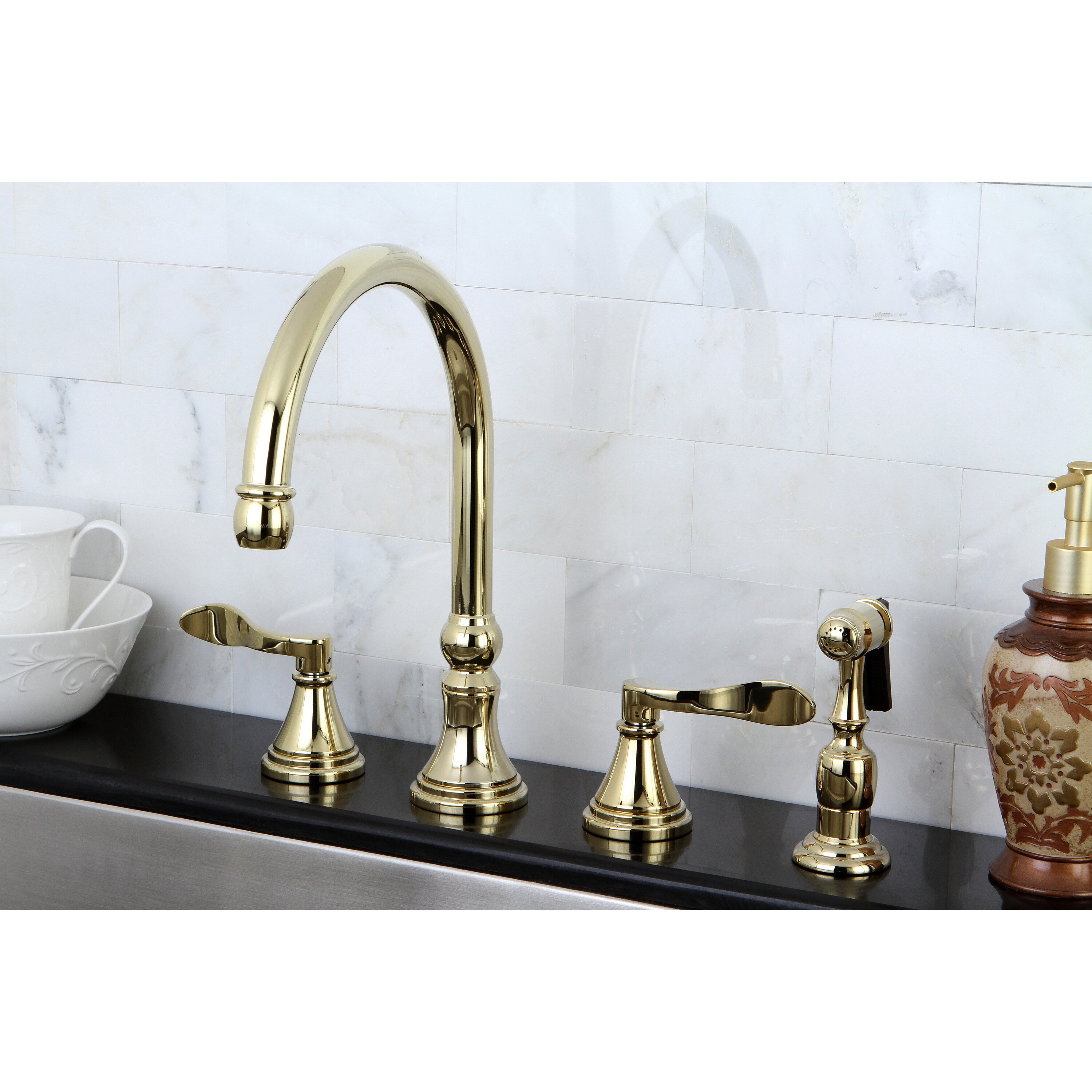 Modern Widespread Polished Brass Kitchen Faucet With Side Sprayer