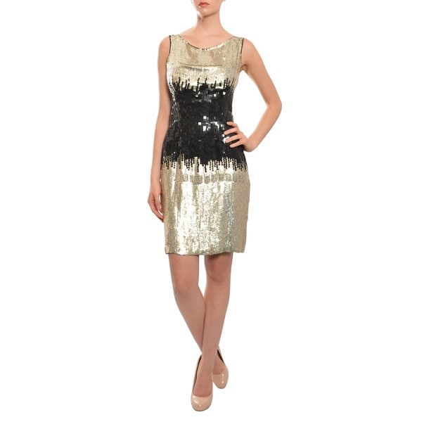 Naeem Khan Black Gold Fully Sequins Fitted Sheath Cocktail Evening