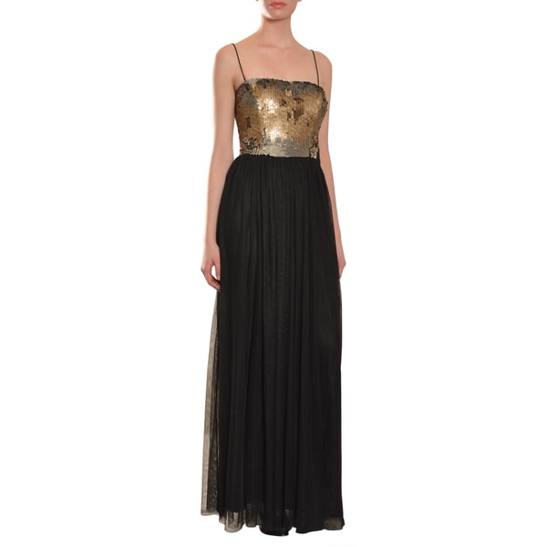 Aidan Mattox Black and Gold Sequined Gathered Tulle Gown  