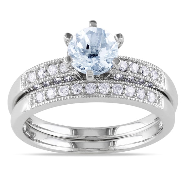 Miadora 10k White Gold Aquamarine 1/3ct TDW Diamond Bridal Ring Set (H