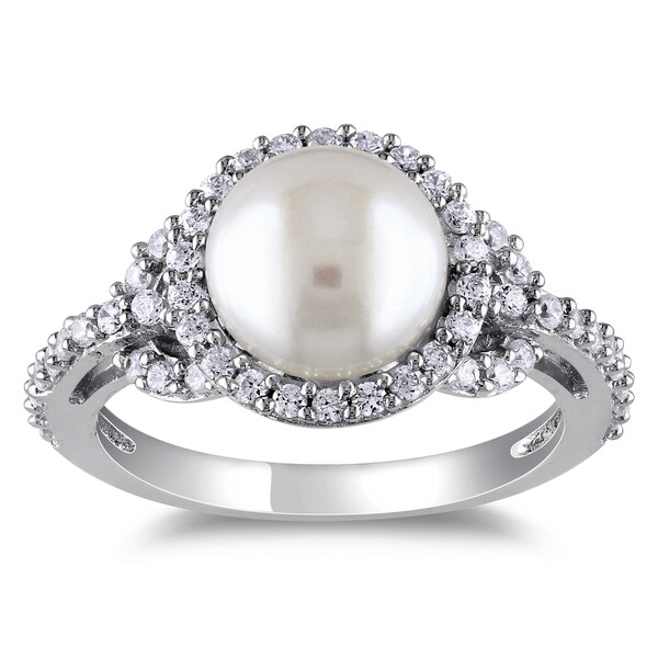 Miadora Sterling Silver Freshwater Pearl Cubic Zirconia Ring (8.5-9 MM)