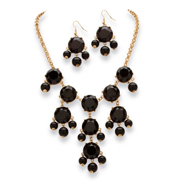 2 Piece Black or Aqua Bubble Beaded Necklace and Earrings Set in Yellow Gold Tone Bold Fas