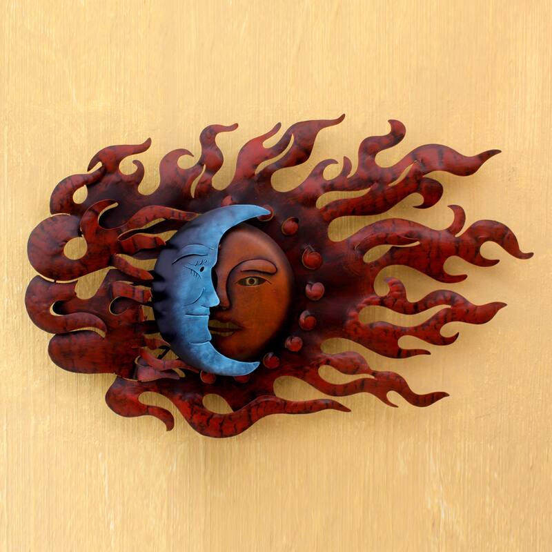 NOVICA Handmade High Wind Eclipse Painted Iron Sun and Moon Metal Wall Art (Mexico)