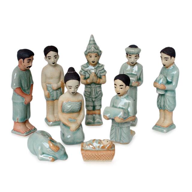 Christian Ceramic 9 Piece Religious Nativity Scene - Ceramic - Green