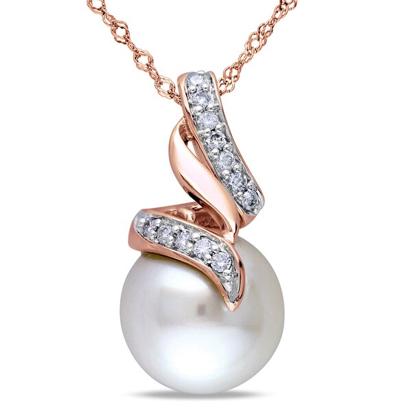 Shop Miadora 10k Rose Gold Cultured Freshwater White Pearl and 1/10ct TDW Diamond Necklace (G-H ...