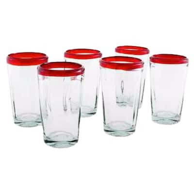 NOVICA Artisan Handblown Tumblers Mexican Recycled Red Clear Glasses Aurora Drinkware 'Ruby Groove'(Set of 6)