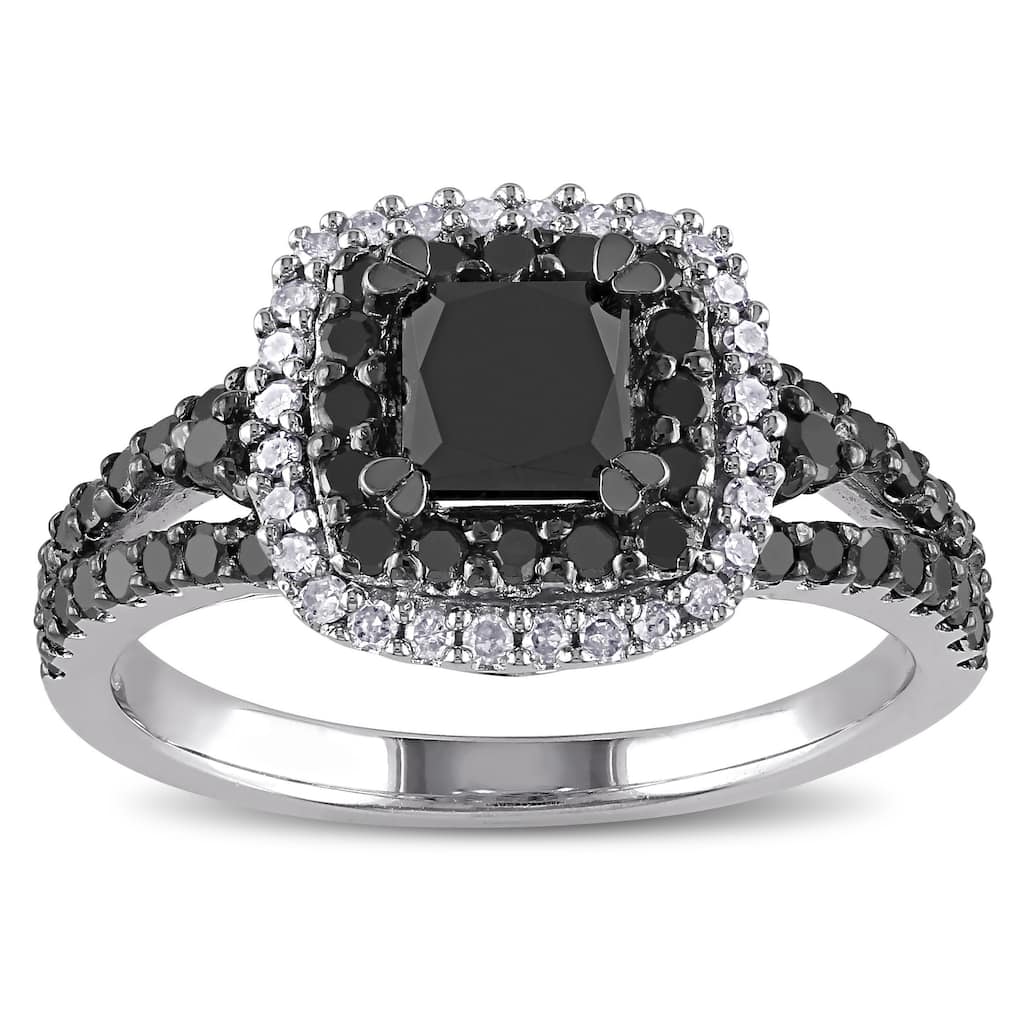 Miadora Sterling Silver 1 1/2ct TDW Princess and Round-cut Black and White Diamond Halo Split Shank