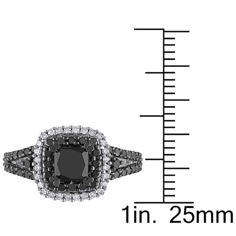 Miadora Sterling Silver 1 1/2ct TDW Princess and Round-cut Black and White Diamond Halo Split Shank