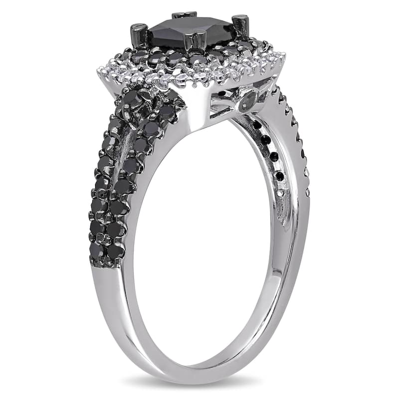 Miadora Sterling Silver 1 1/2ct TDW Princess and Round-cut Black and White Diamond Halo Split Shank