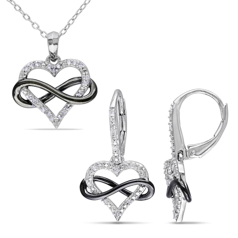 Miadora Sterling Silver 1/5ct TDW Diamond Heart Infinity Necklace and Earrings Set - Silver/Black
