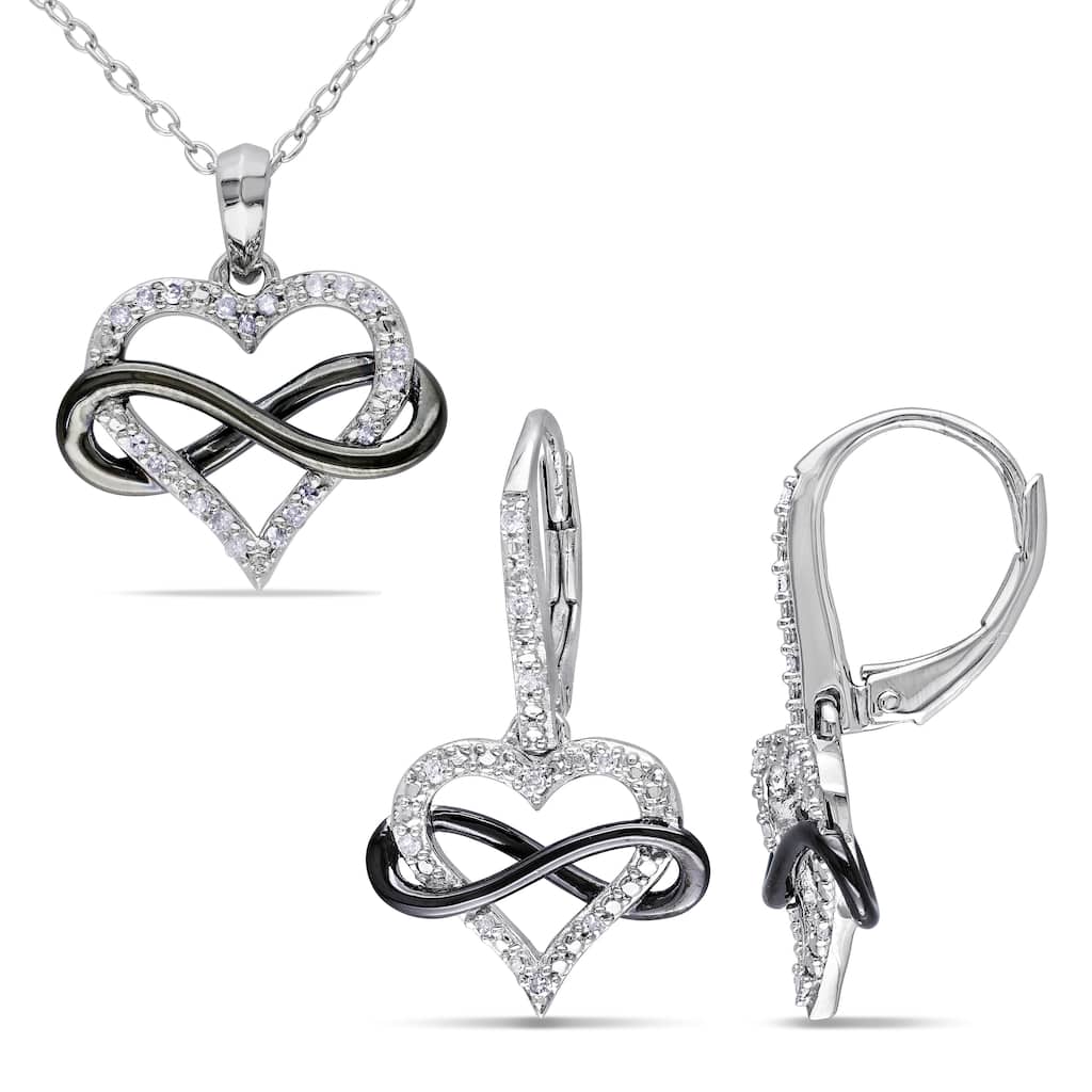 Miadora Sterling Silver 1/5ct TDW Diamond Heart Infinity Necklace and Earrings Set - Silver/Black