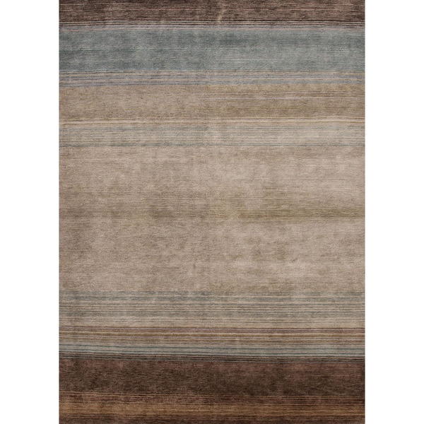 HandKnotted Stripe Pattern Blue/Brown (5.6x8.6) J246 Area Rug Free