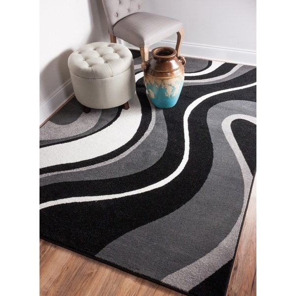 Shop Well Woven Modern Black/ Grey Waves Area Rug 7'10 x 9'10 Free