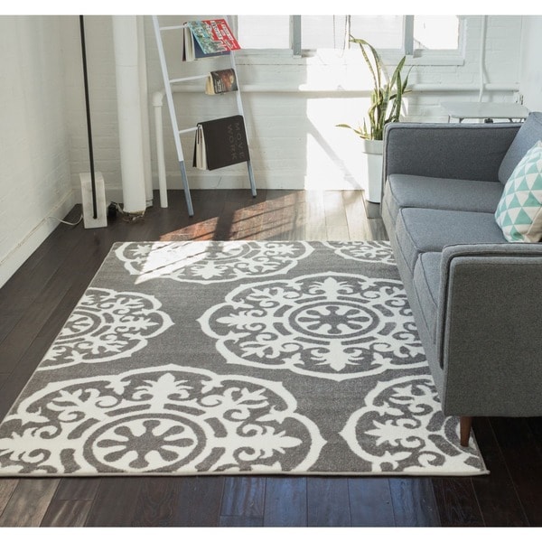 Well Woven Mano Shades of Grey Suzzani Bold Charcoal White Area Rug - 3'3" x 4'7"