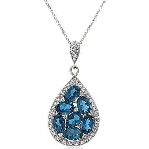 Glitzy Rocks Sterling Silver London Blue and White Topaz Teardrop Cluster Necklace