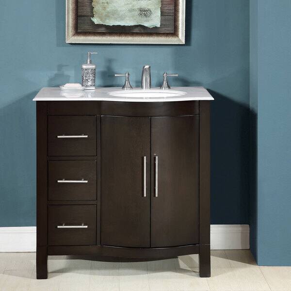 36 inch Single Solid Wood Bathroom Vanity Set, with Drawers, Carrara White Marble Top, 3 Faucet Hole, White, Size: Large