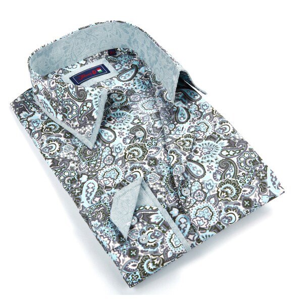 Johnny D. Men's Grey and Green Patterned Button-down Shirt - Overstock ...