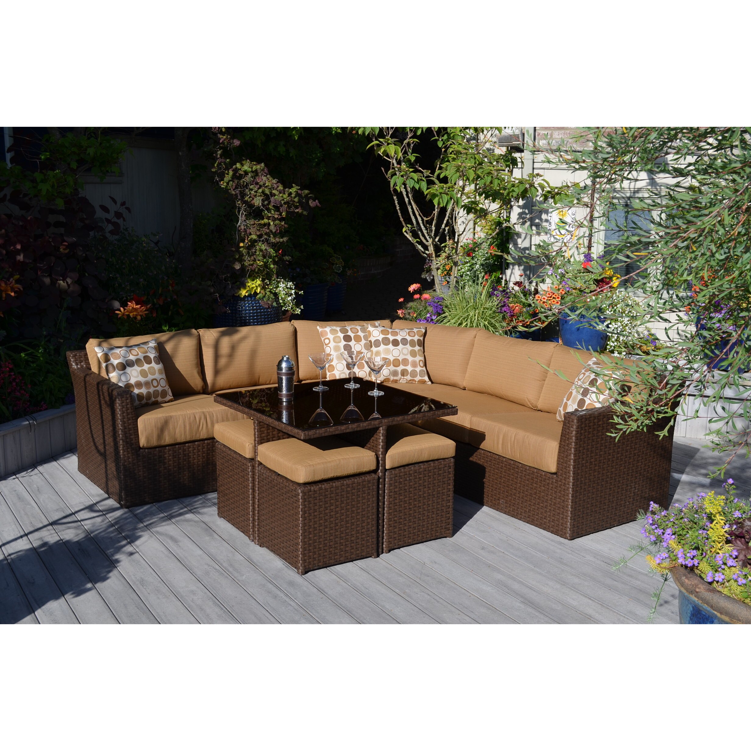 Shop My Patio My Way Madrid 8 Piece Toffee All Weather Resin Wicker Sectional Seating And Class Coffee Table Group Overstock 9815621