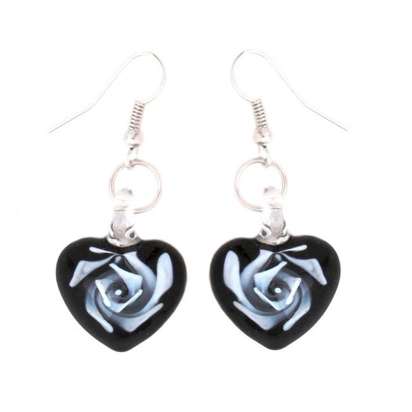 Bleek2Sheek Glass Heart Black and White Swirl Flower Earrings