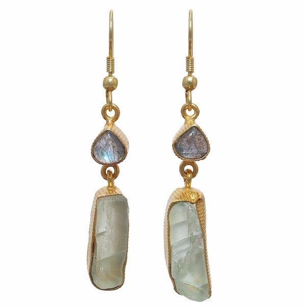 Handmade Labradorite and Fluorite Rough Gem Gold Overlay Earrings - Brown (India)